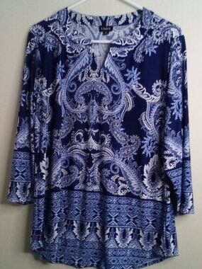 Links Blouse Women S 3/4 Sleeve Soft Stretch Pattern Blue White